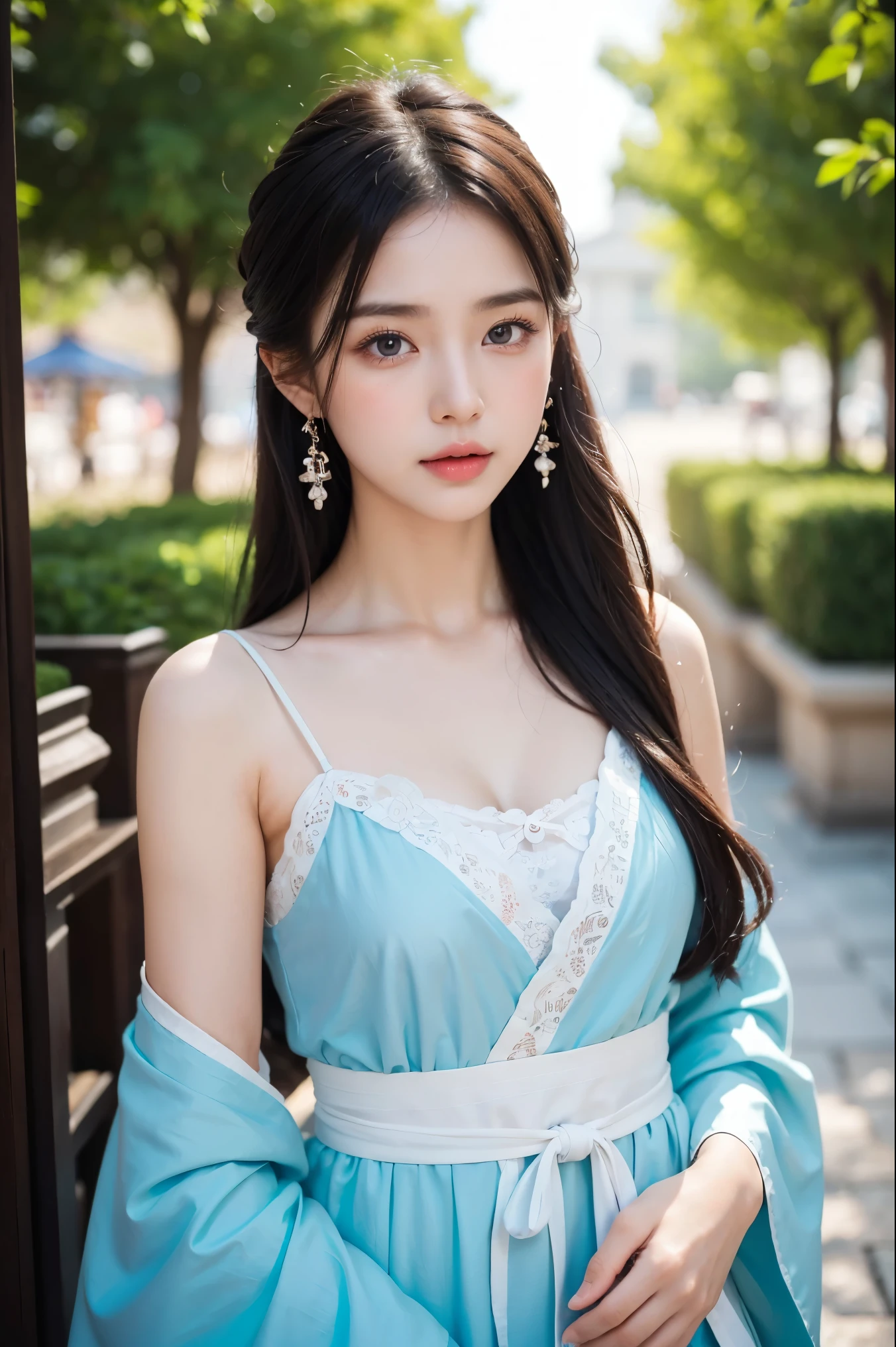 1 beautiful and cute reality show girl, Gentle young girl, Waist length hair, cabelos preto e longos，Slightly blue, Light blue eyes, wearing a long, Thin, a blue dress，Hanfu style, ((a blue dress，White lace border covers the girl's:0.8)), Style Hanfu, Wearing an ancient Chinese silk shirt, Pink and smooth white skin, Dressed in a low-key antique Oday, appears shoulders and head in the photo,Cute little face, Eye bags under wet makeup, Plump red lips, Pout, ((Closed mouth:1.0)), Balance incisors, Embarrassed, Small face makeup explained，Tremendously beautiful, Breasts are super round and firm, Breasts are plump，A plump chest， Blum chest cabinet, ((Cover the girl's chest with a camisole inside:1.2)), Blush, From the front side, Wear earrings, choker necklace, From above, view the viewer, Upturned eyes,  Masterpiece, Top quality, Best quality, offcial art, Unity 8k wallpaper, A high resolution, Ultra-high RES, Ultra-detailed, (Photorealistic:1.2), Alone, Solo, only 1girl, Style Hanfu Dunhuang, 10x pixel, Super realistic, Ultra high quality, Full body view of girl,  Seven-doppelganger shot,