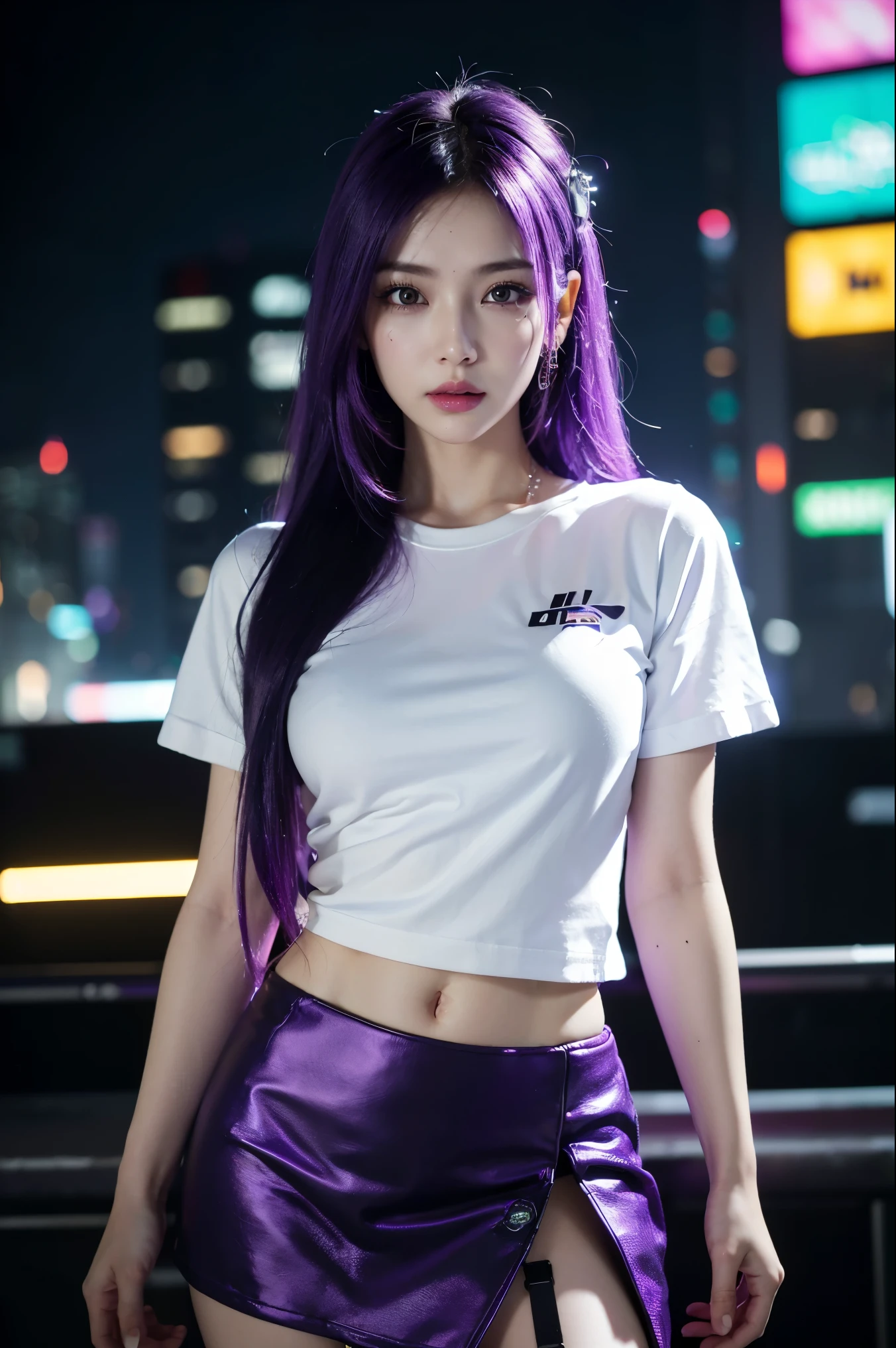 8k, UHD, masterpiece, 1 girl, ((good face)), very long hair, light makeup, (white skin:1.2), detailed eyes, detailed lips, small bust, simple cyberpunk clothing, ((purple t-shirt)), ((mini skirt)), (cyberpunk lighting:1.4), ((building)), light effect, light reflection, cyberpunk, cybercity, futuristic, (night), ray tracing, bloom, perfect pose,