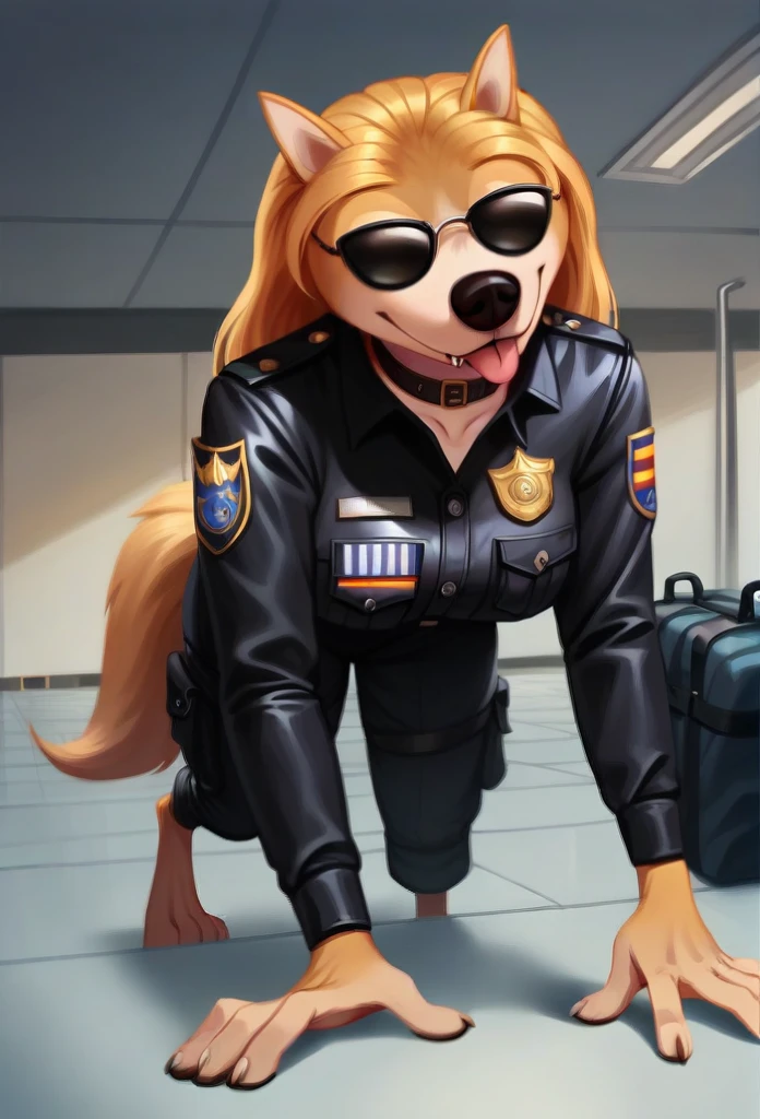  Accurate, Long Hair, Breasts, Wolf Ears, Tongue, Smile, Sunglasses, dark armoured tactical police anthro uniform, dark leather collar with a badge, sniffling luggage, airport terminal, walking on all fours,Smile, Smile, 