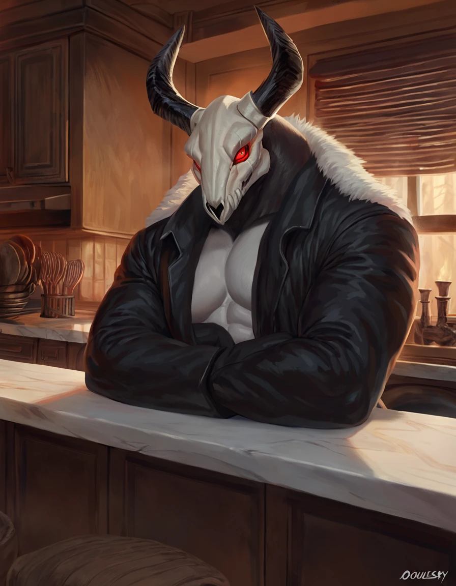 score_9, score_8_up, score_7_up, (masterpiece, amazing quality, best quality, 8k), (detailed background, soft lighting, low light, kitchen, sit, counter), (detailed face, detailed eyes, slit pupil), solo, demon, skull head, (large pectorals:1.2), muscular, glowing red eyes, black body, white winter coat, open topwear, bust portrait, head tilt, zoroj, voidlesky, syuro by oouna, by laobai, by taran fiddler, by honovy.
