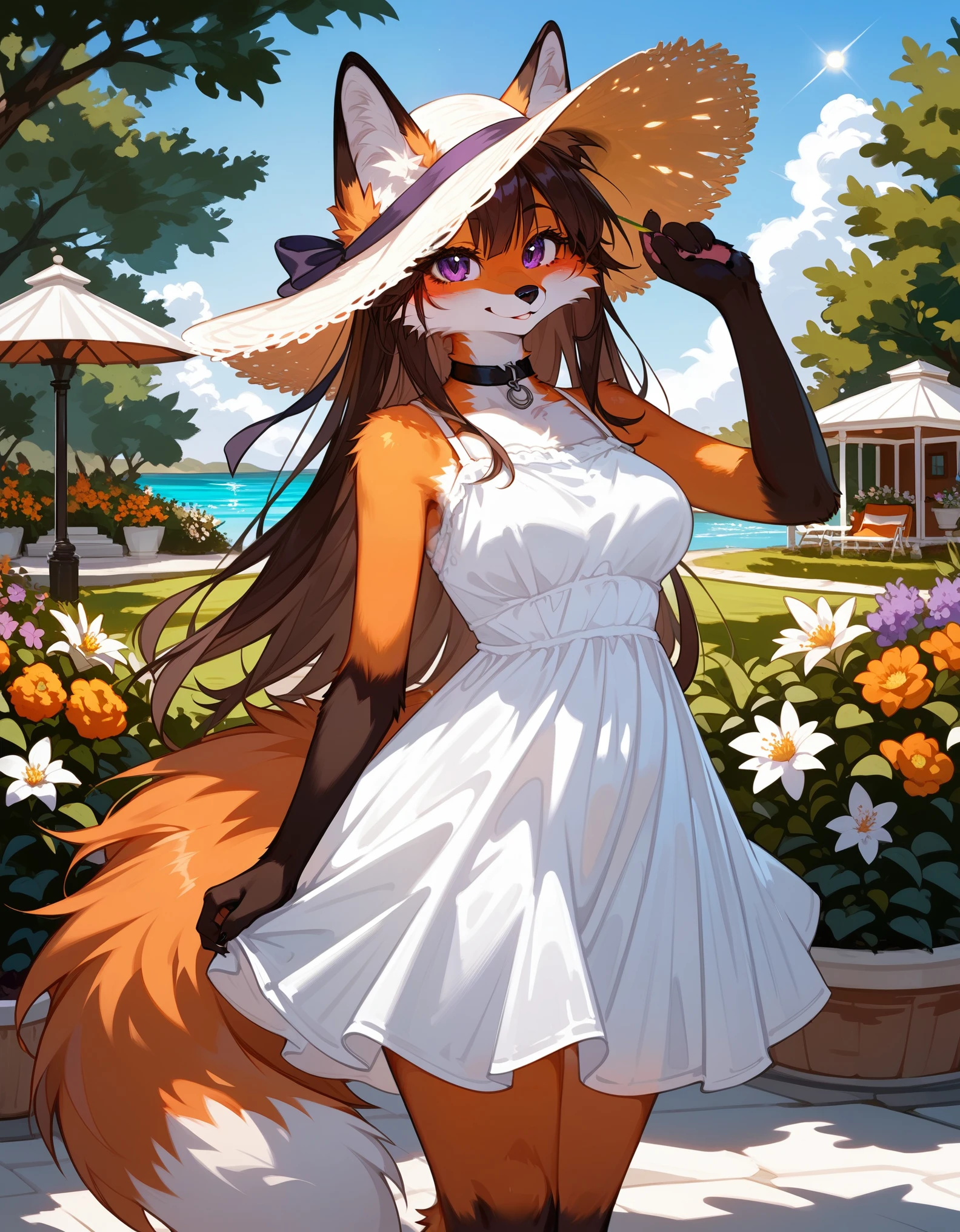 score_9,score_8_up,score_7_up, source_furry, ((Anthro furry fox girl, brunette hair, orange fur)), purple eyes, fox paws, long hair, seductive smile, sun hat, (sundress), medium breasts, wide hips, choker, outdoors, modern house, garden, looking at viewer, modest pose