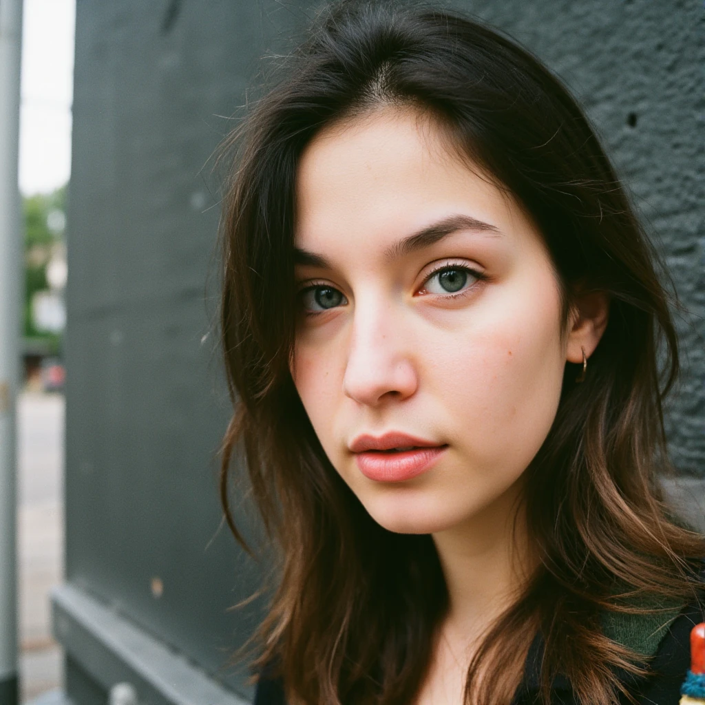 A beautiful woman，whole body， look into the camera ，Portrait Photography，Street Photography，Texture，Portrait with obvious eyelashes ，Bright blue eyes， Clean, transparent eyes, 