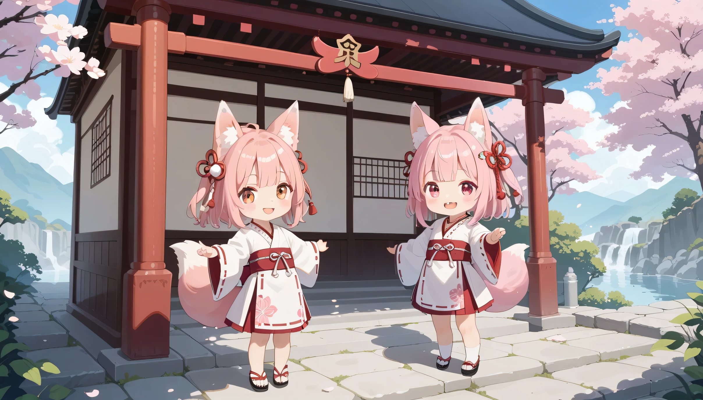 a girl with fox ears、pink hair、Chibi character、 deformed、 deformedキャラ、A pink tail is growing、Shrine Maiden Costume、full body、(Girls are the whole 1 /8, The girl is in the center:1.3)、Standing with hands outstretched、 characters、Character illustration 