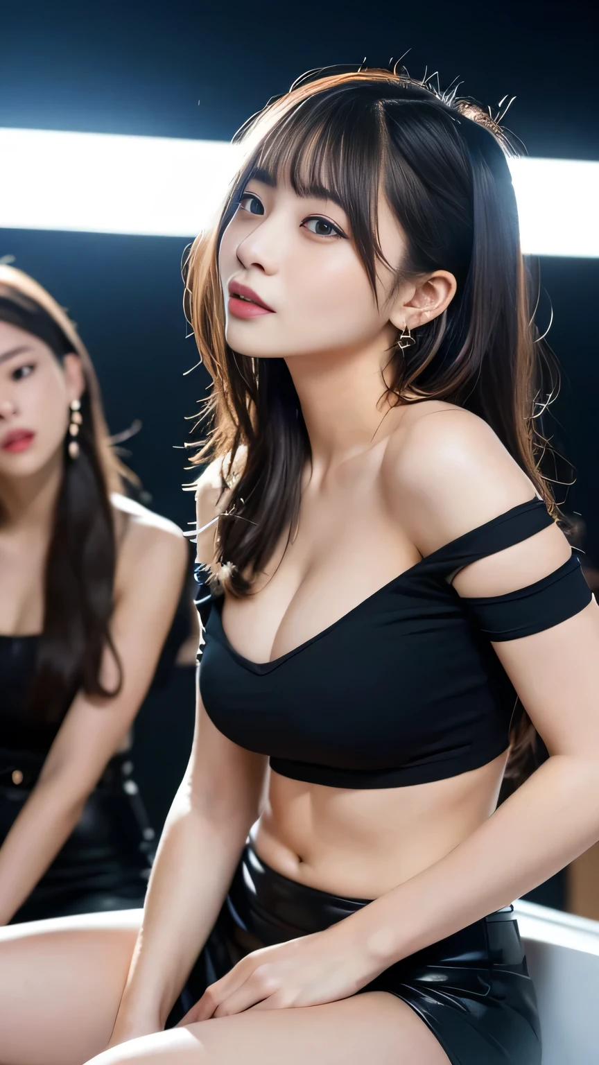 young sexy asian girl dancing in the club with lots of beautiful neon lights