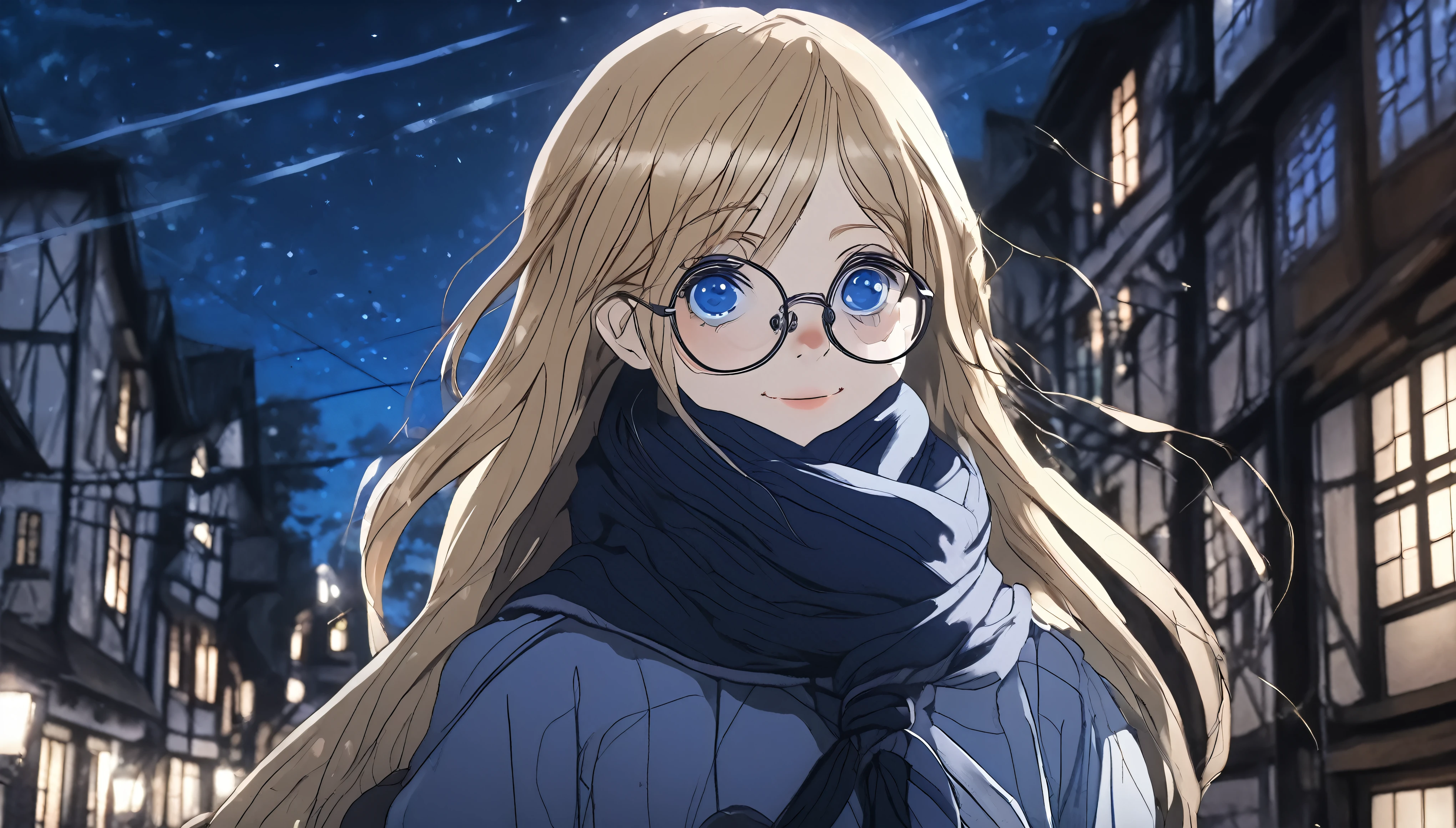 Anime aesthetic, dark blue colours, 1girl, anime character, schoolgirl walking through the empty streets, huge blue moon, dark night, midnight, european medieval town, blue light, marin kitogava, potrait,  my dressup darling,long straight  blonde hair, glasses, light school suit, scarf, smile, deep purple beautiful eyes, wide shot, anatomically correct, masterpiece, 2k, extremely detailed