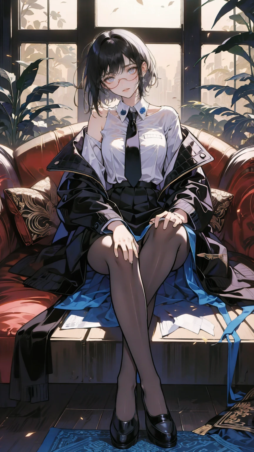 an anime girl with Glasses and a skirt sits on ground and poses,  1 girl , Alone, skirt, Have, shirt, white shirt,  pantyhose, Red eyes, Glasses, Black Hair , shoes, red skirt, Check pattern skirt, Viewers, Open clothes, Check pattern, collared shirt, ,  Long Sleeve ,  closed mouth ,  sitting, black  pantyhose, indoor, bangs, short hair, 黒縁Glasses,  brown jacket ,  Off Shoulder,Add XL 