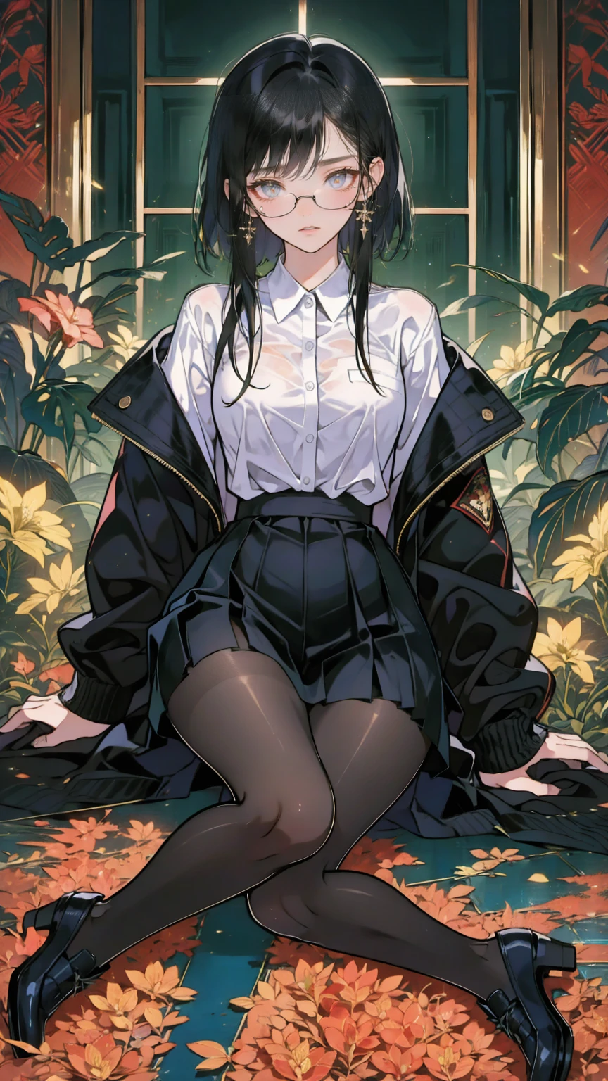 an anime girl with Glasses and a skirt sits on ground and poses,  1 girl , Alone, skirt, Have, shirt, white shirt,  pantyhose, Red eyes, Glasses, Black Hair , shoes, red skirt, Check pattern skirt, Viewers, Open clothes, Check pattern, collared shirt, ,  Long Sleeve ,  closed mouth ,  sitting, black  pantyhose, indoor, bangs, short hair, 黒縁Glasses,  brown jacket ,  Off Shoulder,Add XL 