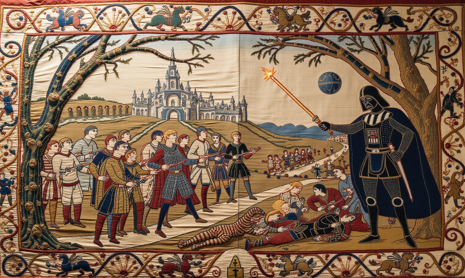 Tapestry_style, A highly detailed medieval Tapestry depicting an iconic scene from Star Wars.  The image shows the great ,  a stylized version of the Battle of Endor ,  evoking the epic greatness like Star Wars {x} where Ewoks and rebel fighters fight stormtroopers in an ancient forest.  and the Death Star rises in the background ,  resemble the intricate ,  holding a glowing sword  (with a lightsaber)  and Darth Vader in a dark , an armored figure ,  reminiscent of the evil king .  The trees of Endor , плавные узоры средневековых лесных Tapestryов,  with Luke Skywalker in knight attire ,  as a medieval celestial object .  The entire scene is embroidered with gold threads , exquisite patterns,  and medieval decorative frames , , the flowing patterns of medieval forest tapestries ,  and medieval legends , masterpiece,  intricate details , 8 k