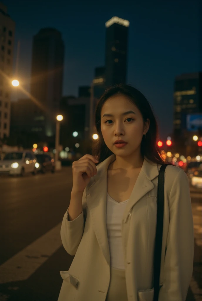 (Cinematic Aesthetic:1.4) Photo of a beautiful korean fashion model bokeh city night