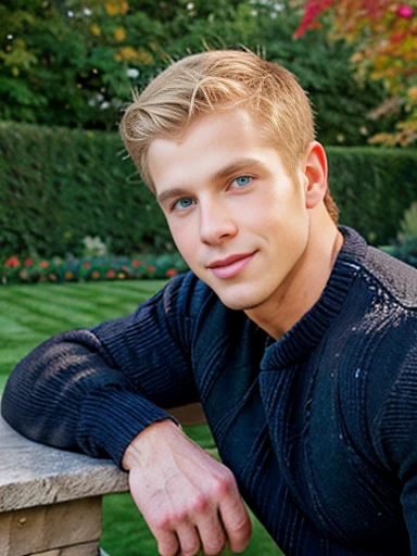  solo, beautiful man, wavy blond hair, blue eyes, seductive smirk ,garden, Autumn, black sweater, dark pants, handsome, beautiful eyes, detailed face, looking at viewer, 