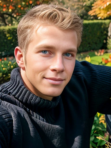  solo, beautiful man, wavy blond hair, blue eyes, seductive smirk ,garden, Autumn, black sweater, dark pants, handsome, beautiful eyes, detailed face, looking at viewer, 