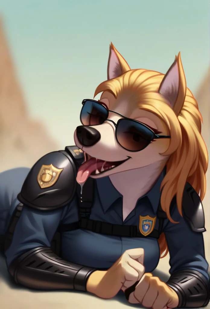 Open Mouth, Accurate, Long Hair, Breasts, Wolf Ears, Tongue, Smile, Sunglasses, dark armoured tactical police anthro uniform, lying down on top of the viewer, drool over the tongue 