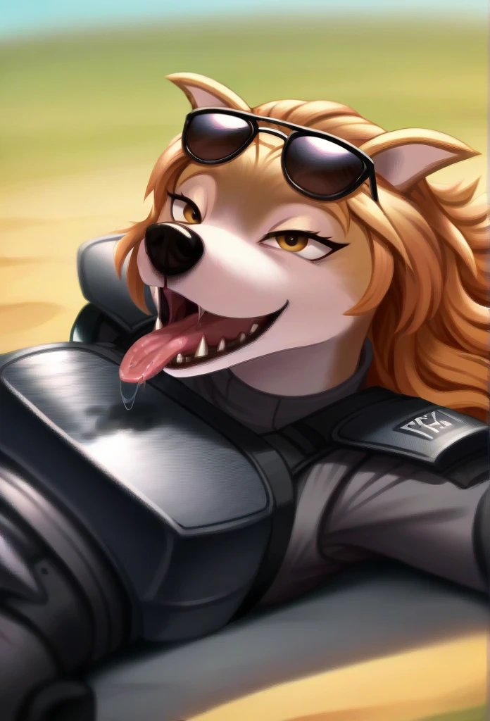 Open Mouth, Accurate, Long Hair, Breasts, Wolf Ears, Tongue, Smile, Sunglasses, dark armoured tactical police anthro uniform, lying down on top of the viewer, drool over the tongue 