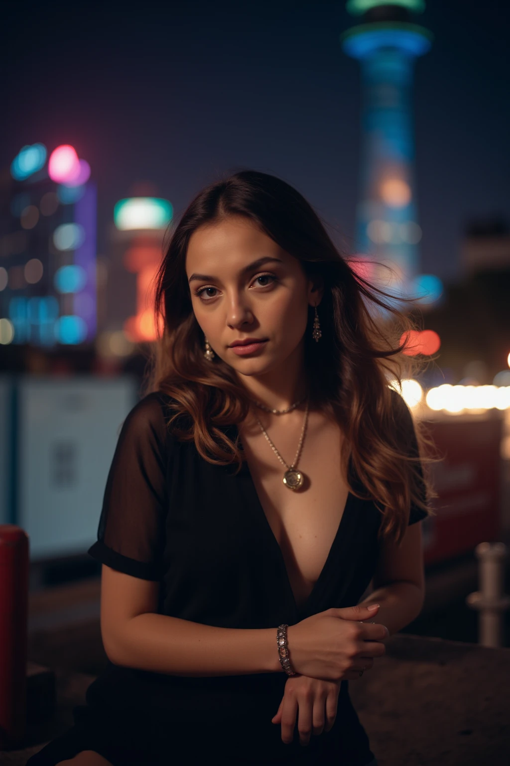 (Cinematic Aesthetic:1.4) Photo of a beautiful fashion model bokeh city night