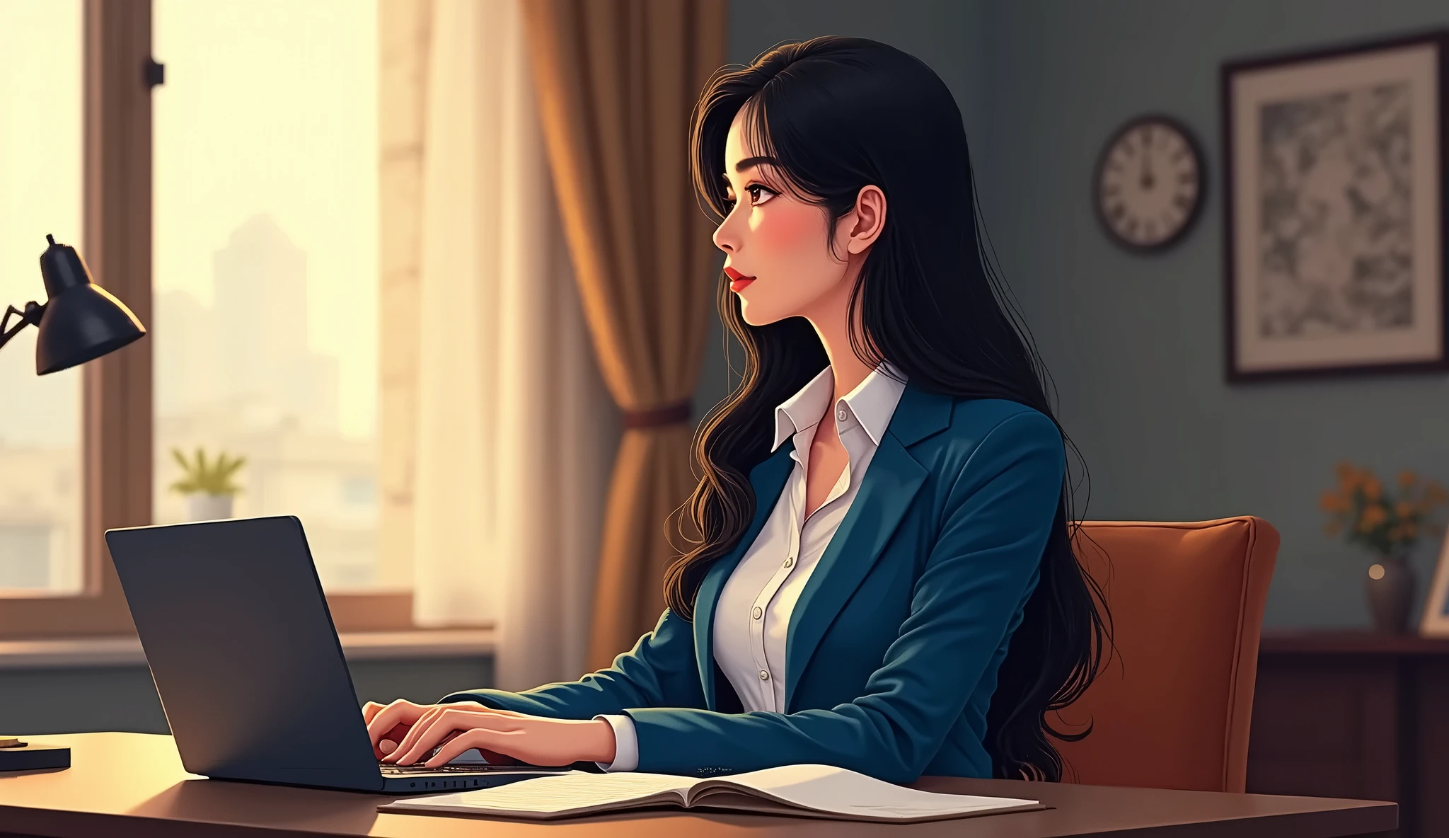 An Asian woman is sitting at a table with a laptop and a book - SeaArt AI
