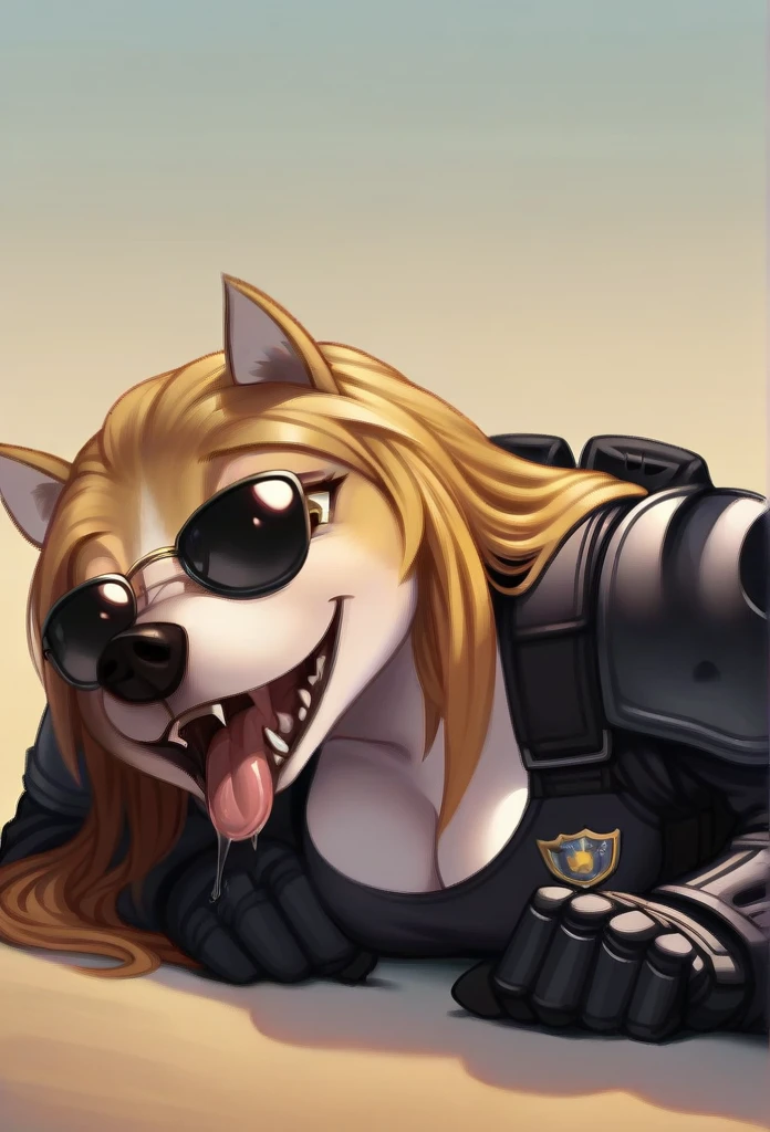 Open Mouth, Accurate, Long Hair, Breasts, Wolf Ears, Tongue, Smile, Sunglasses, dark armoured tactical police anthro uniform, lying down on top of the viewer, drool over the tongue 