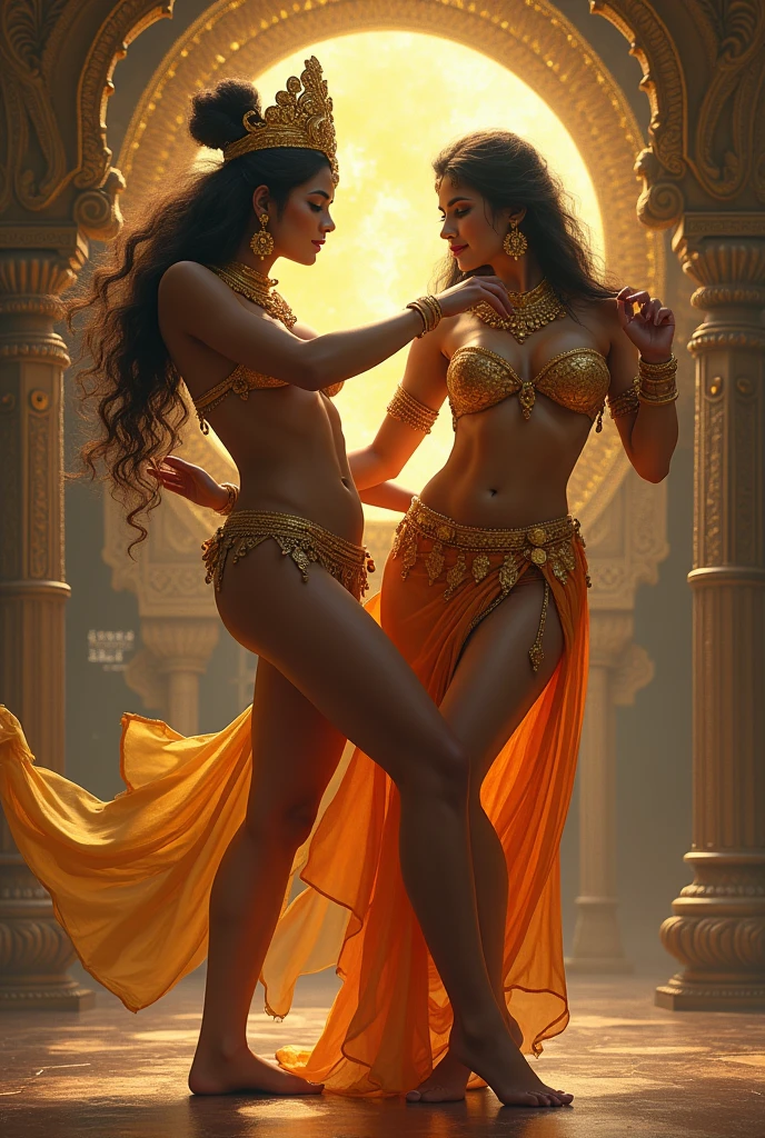 Beautiful Indian woman dancing bollywood with her sisters in a luxurious building, The winter sun shines on her with iridescent light., extremely detailed picture, Vivid and beautiful colors, Photorealistic images, 8K, Ultra HD, Rendered Unreal Engine, Cinematic lighting, artgerm style,