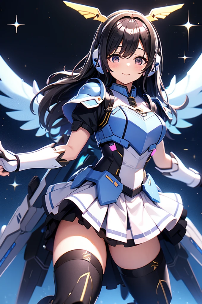  and smiles 、mecha wing、Thighs、tights、chest、Shiny black hair、 1 girl、 solo girl 、 headphones、idol dress、idol skirt、mecha girl、Light Blue Armor、 white miniskirt 、I'm holding a beam rifle,beamrifle