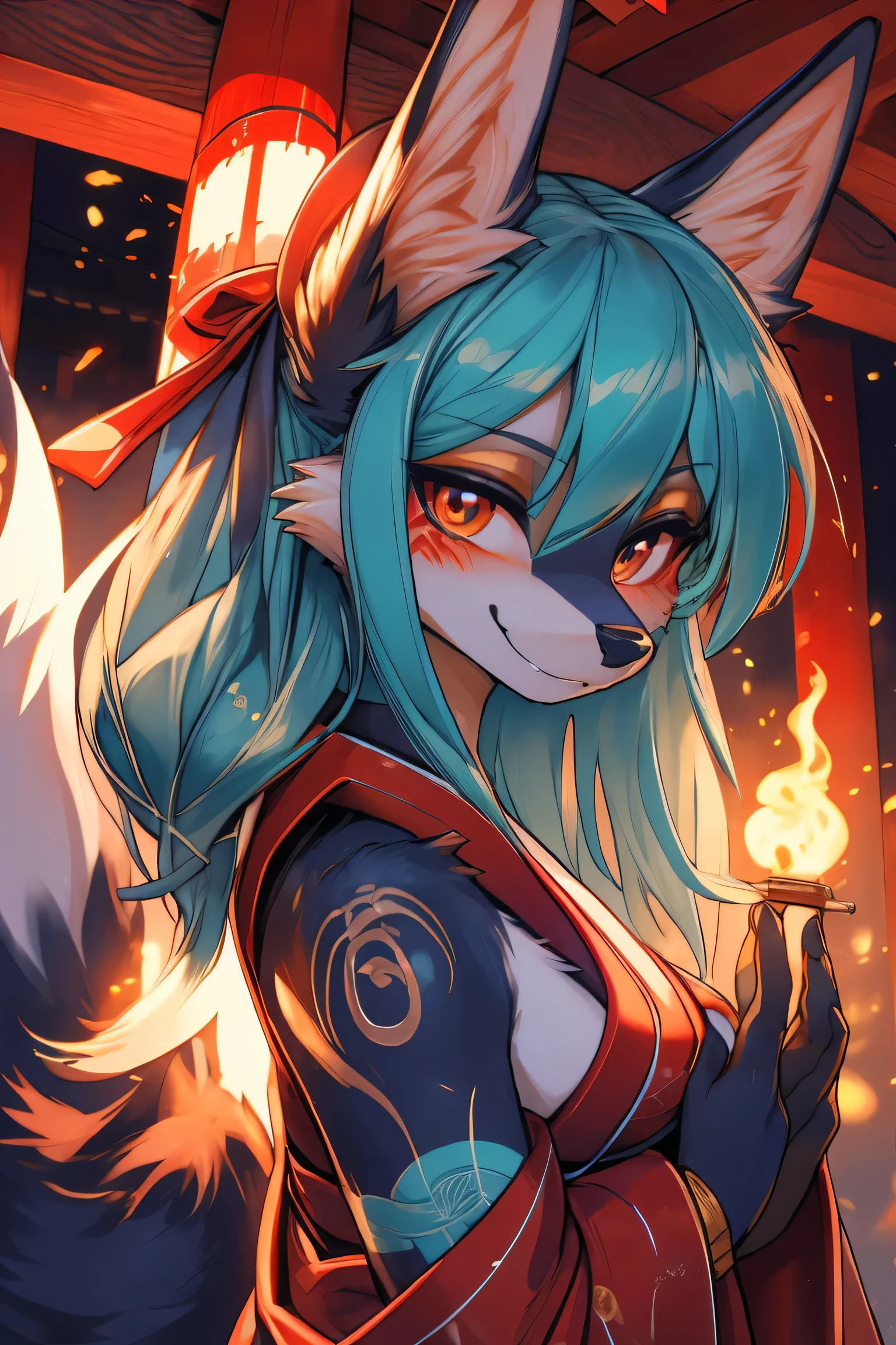 Miku Hatsune, add high definition_detail:1, blue fur,kitsune ears, tribal tattoo add_detail:1, showing her beautiful figure, japanese shrine costume, japanese magic shrine add_detail, Eclipse solar, smiling add_detail:1, horny teen add_detail, fox face elongated snout add_detail:1