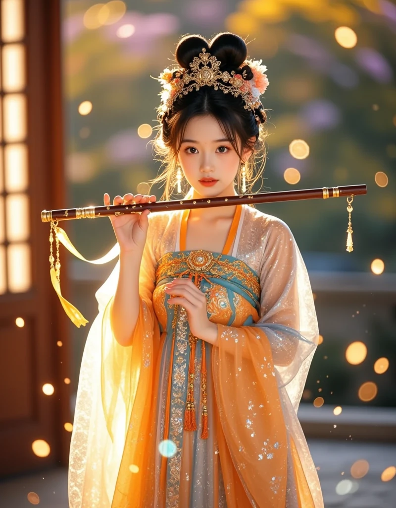 1girl, solo, playing a flute, shimmering hanfu girl, enveloped in liquid light elements, embodying kawaii aesthetics, reflecting a deep connection to the essence of Chinese culture and fairy tales. Intricate details weave together traditional Chinese themes with a whimsical, modern twist. A warm and vibrant sun-kissed color palette reveals a wondrous and dreamlike atmosphere, with a strong film grain texture, and an intensely rendered emotional ambiance. Rich in depth and layers, with enduring content power, in the style of erkindemir, 8k, ultra high definition, breathtaking details