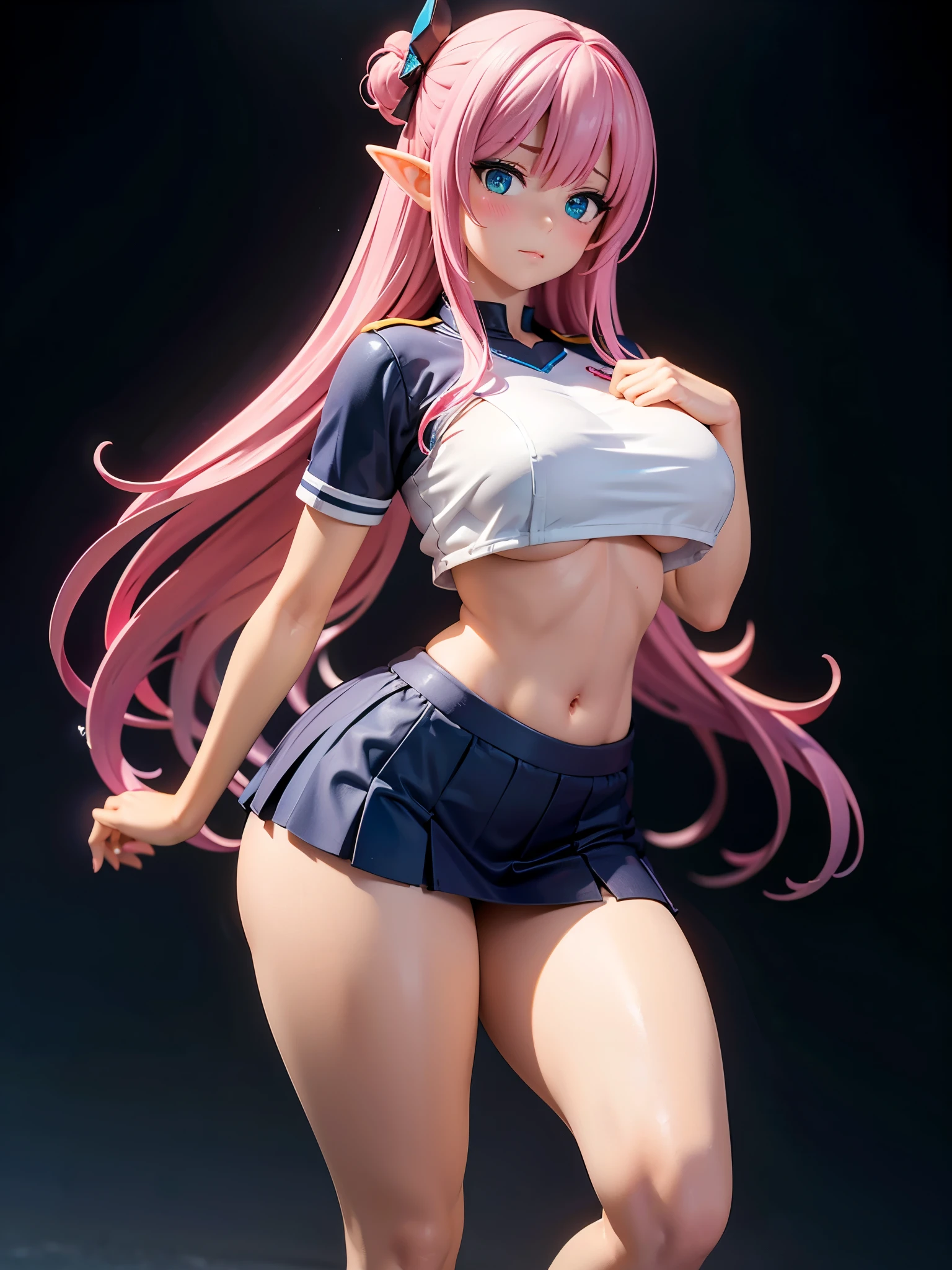 realistic image, coherent image, detailed image, 1 elf, long hair, pink hair, wearing hair accessories with blue and yellow cubes on the right side, light blue eyes, delicate oval face, blushing, wearing a crop top, pleated miniskirt, sports shoes, big breasts, curvy body, thick thighs, shy pose, black background, uniform bottom,