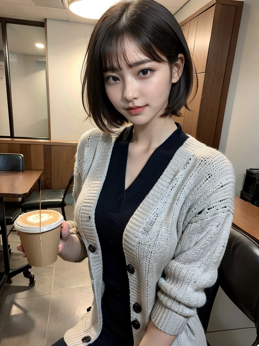 (8k,masterpiece,  RAW Photos,Best Quality:1.4),(Realistic:1.2),(extremely   Detailed Face  ),(shiny skin),(Detailed skin),(  Detailed Face  ),(Extremely beautiful face), 1 girl, hidden by my hair, Japanese idols(actress), Sharp Eye,Brown Hair, Short Hair, straight hair, asymmetrical bang,smile,Glamour,( big breasts at the temple), , ( cardigans,   knitted dress :1.2), Cafe,Hold a cup of coffee in one hand,  high position , Professional Writing