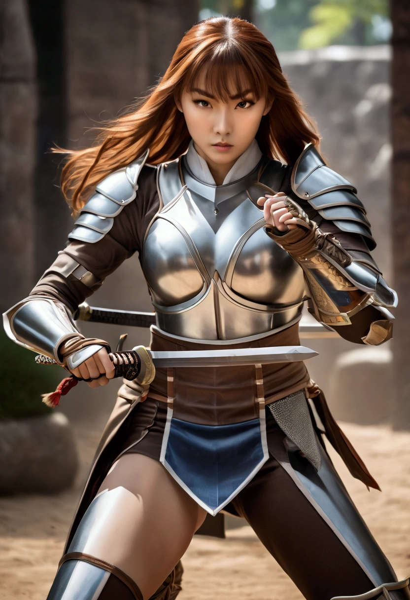 young woman , narrow waist, 155 cm tall,    brown long hair    ,     in light armor and with a two-handed sword,   In combat position and with momentum  ,     ready for a horizontal blow     ,  big breasts 95 EE     ,     full body shot    ,  Armour with large cleavage  ,  sexy metal armor    ,  leather miniskirt, beautifully drawn ,  Adjust the look of Kasumi  , dynamic pose