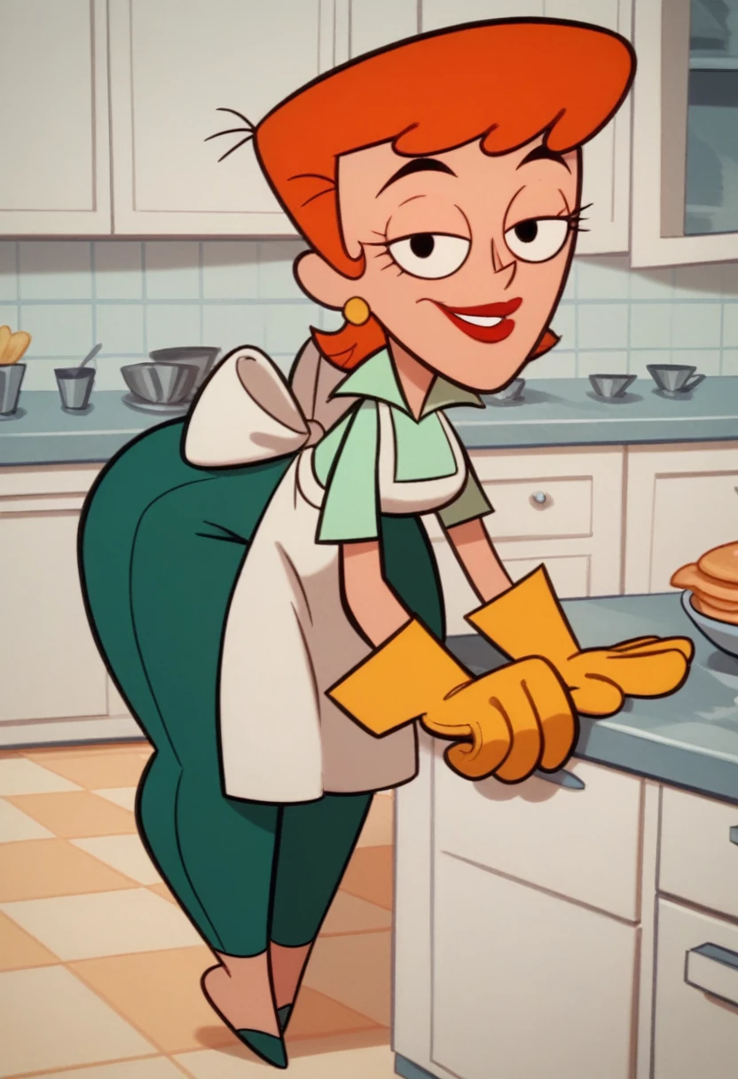 zPDXL2, dextersmom, woman, 1girl, high quality, hd quality, black eyes, beautiful eyes, beautiful body, beautiful face, aqua shirt, tight green pants, rubber gloves, short orange hair, earrings, wide hips, apron, lipstick, feet, looking at viewer, smiling, standing, kitchen, slichtly bent over, big boobs, big ass, wide hips, thick thighs, iinside cozy bedroom,
