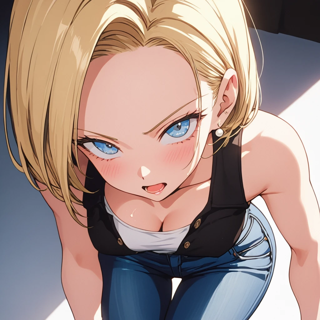 masterpiece, Best Quality, High resolution,16k,super detailed skin, (android 18),1990s \(style\),(E-cup beautiful breasts), (tall:1.2),height: 170cm,Fashion model body type,Sweating all over the body,{{muscular}}、1 girl,solo、(nsfw), blonde, blue eyes, (White T-shirt,jeans,black vest:1.5),Pearl_necklace, bracelet,{{ Short slicked back hair}},Earrings,(Cool face)、(Pointed Eyes),Big eyes,blush,cleavage,Anime-style painting style,,A composition that shows the whole body,Captivating look,BREAK(white simple background),cinematic lighting,superfine,dynamic angle,(sexy,ahegao,vulgarity:1.2),closeup