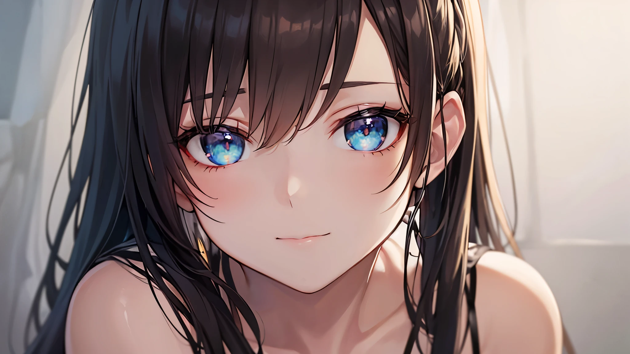 work of art, high resolution, highest quallity, illustration, cinematic light, ultra detaild, face detailed, (((detailedeyes))), best qualityer, hyper detailled, work of art, (face detailed), Alisa Kujou, 1 girl, long hair, blue colored eyes, no clothes with just a towel on the bed
