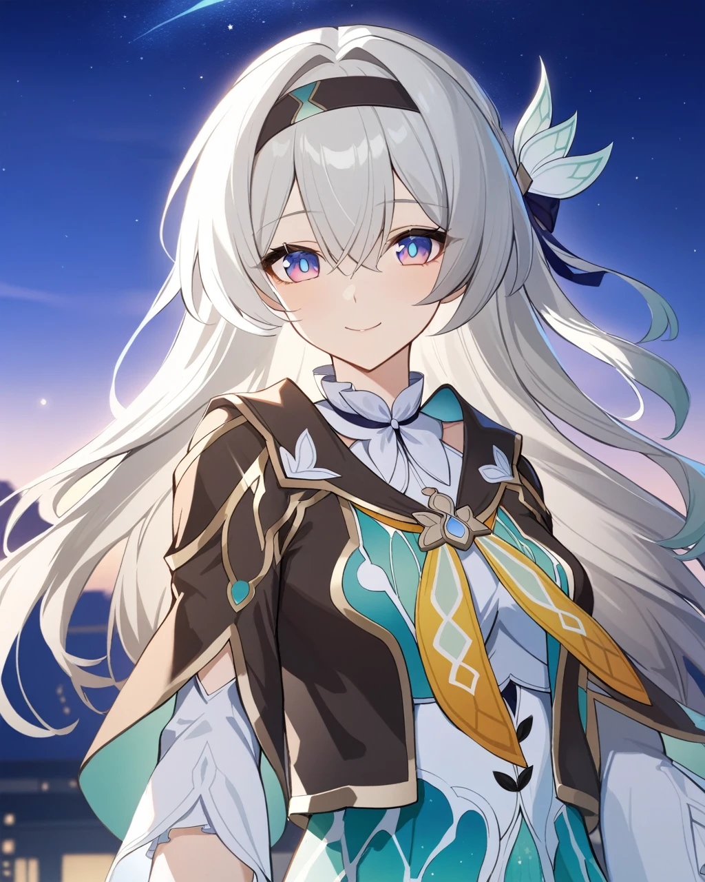 masterpiece,best quality,firefly \(honkai: star rail\), 1girl, solo, sky, star_\(sky\), looking_at_viewer, smile, long_hair, starry_sky, blue_eyes, bangs, night, hairband, night_sky, closed_mouth, white_hair, long_sleeves, black_hairband, wing_hair_ornament, hair_ornament, dress, hair_between_eyes