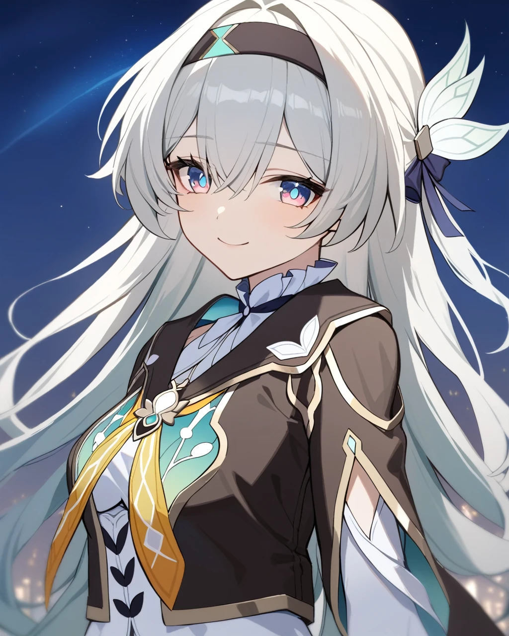 masterpiece,best quality,firefly \(honkai: star rail\), 1girl, solo, sky, star_\(sky\), looking_at_viewer, smile, long_hair, starry_sky, blue_eyes, bangs, night, hairband, night_sky, closed_mouth, white_hair, long_sleeves, black_hairband, wing_hair_ornament, hair_ornament, dress, hair_between_eyes