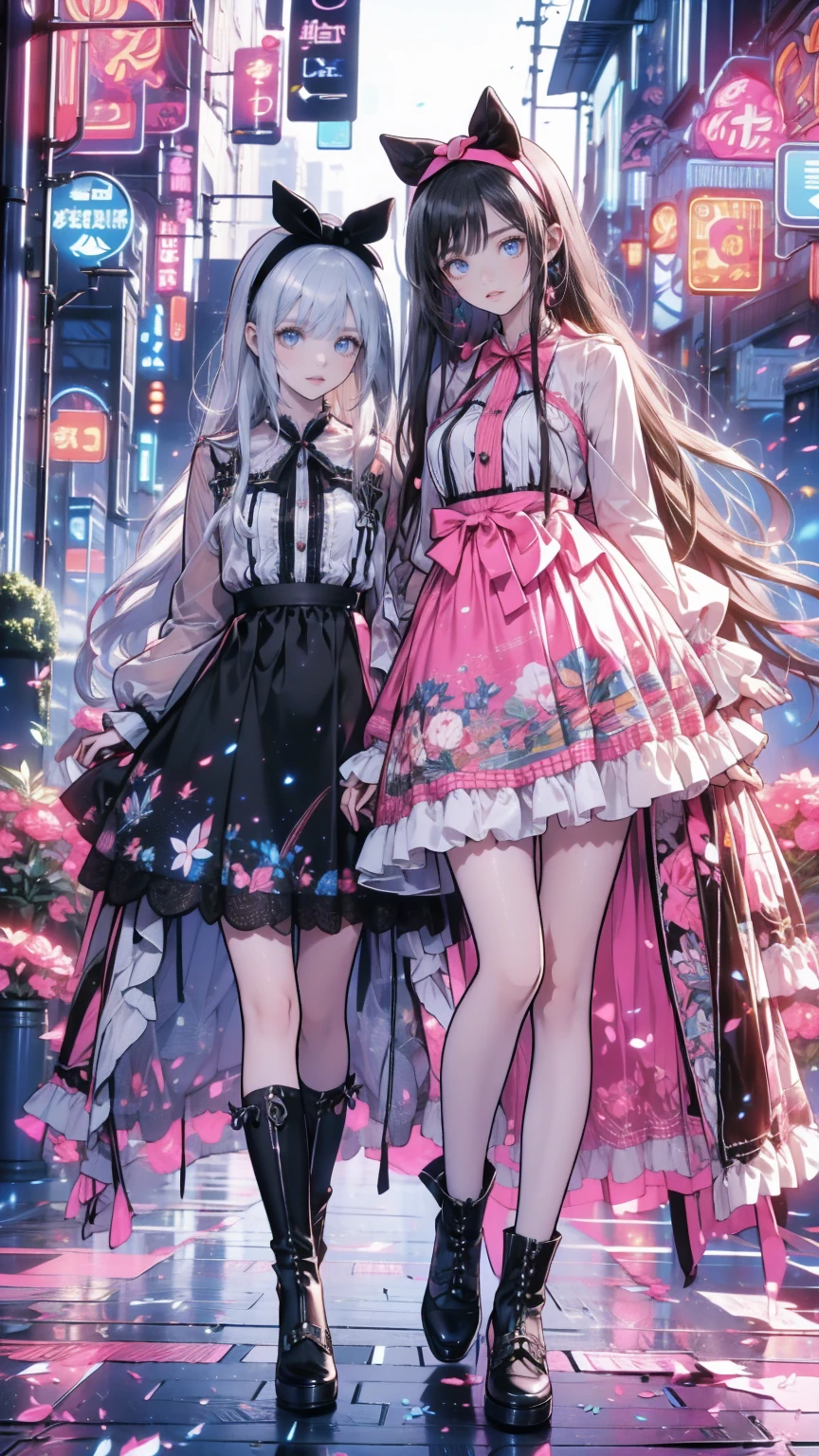   anime style 、story、、 Beautiful Girls、とてもcute天使、  pink gothic dress 、cute、baby face、smile、  long skirt  、   black boots 、Very cute headband
