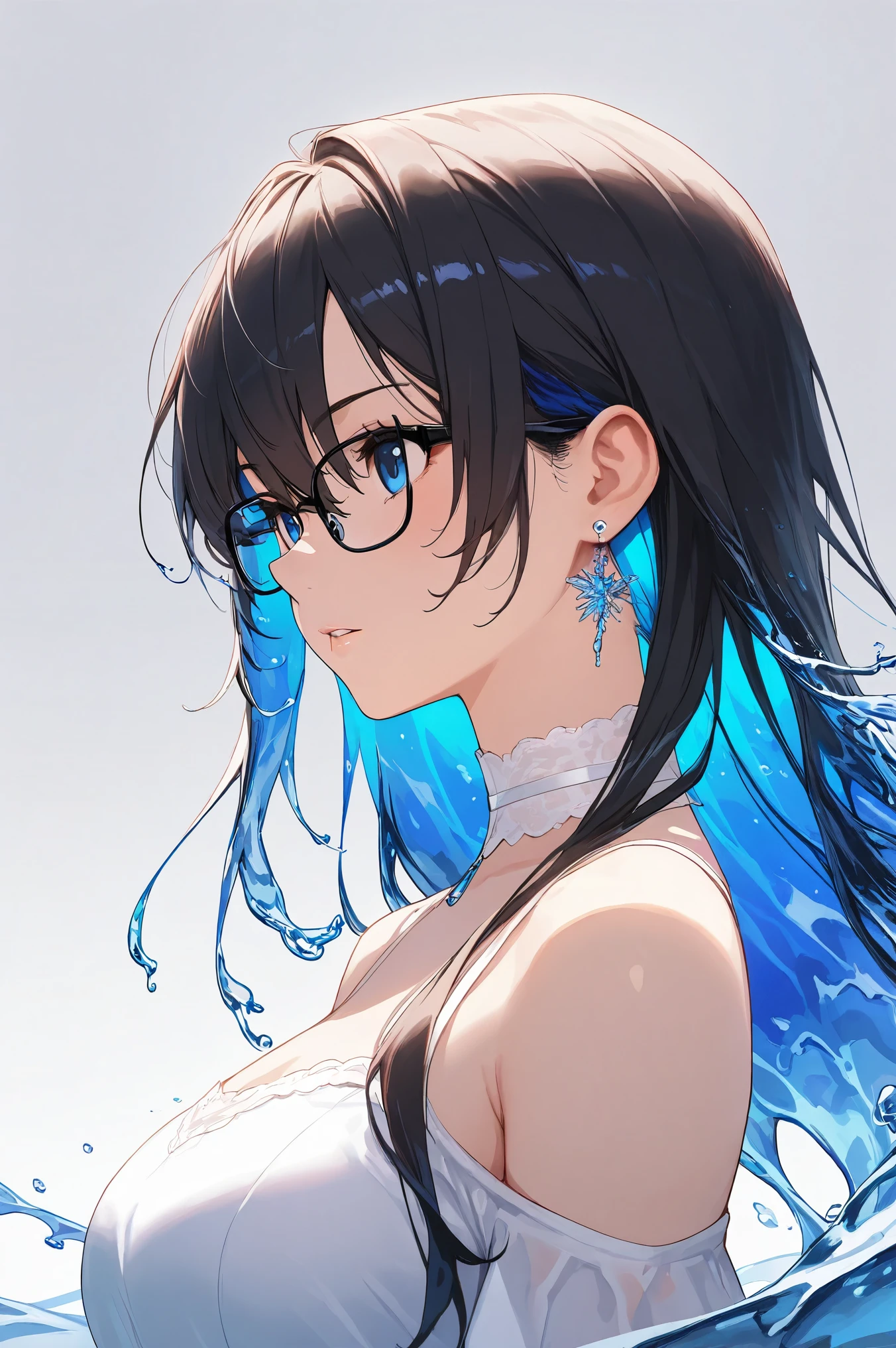 8k wallpaper,  masterpiece ,  cinematic lighting ,  best quality , illustration,  Dramatic Perspective , ((color: 1.1)), ((color inner hair: 1.4)), 1 Girl,  alone , Long hair, water,  blue eyes,  black glasses, choker,  split lips , White collar, Liquid Hair,  dark hair,  bangs, from side, side,  upper body,  simple background without subject,  grey background, Bare shoulders, portrait,  watching the audience ,  white dress,  hair between eyes ,  white background , earrings,