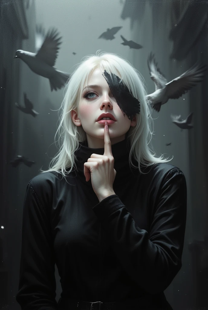 detailed illustration, illustration by Serpieri, source_anime, An Acrylic style painting that is expressive, gives it a dynamic and emotional quality. Anime art of a stylized portrait of a woman with a ethereal black and gray mist surrounding her body. The mist creates a dramatic and surreal effect. A pigeon's wing, which flies, covers one of the eyes, the front of the face. The woman has a cold aesthetic, complimented by her white hair. Anime art of woman draped in shadows with a lighting that enhances her unique features. The background is dark gray, filled with a pigeon swarm flying. Holding finger to lips, shush, shushing motion,