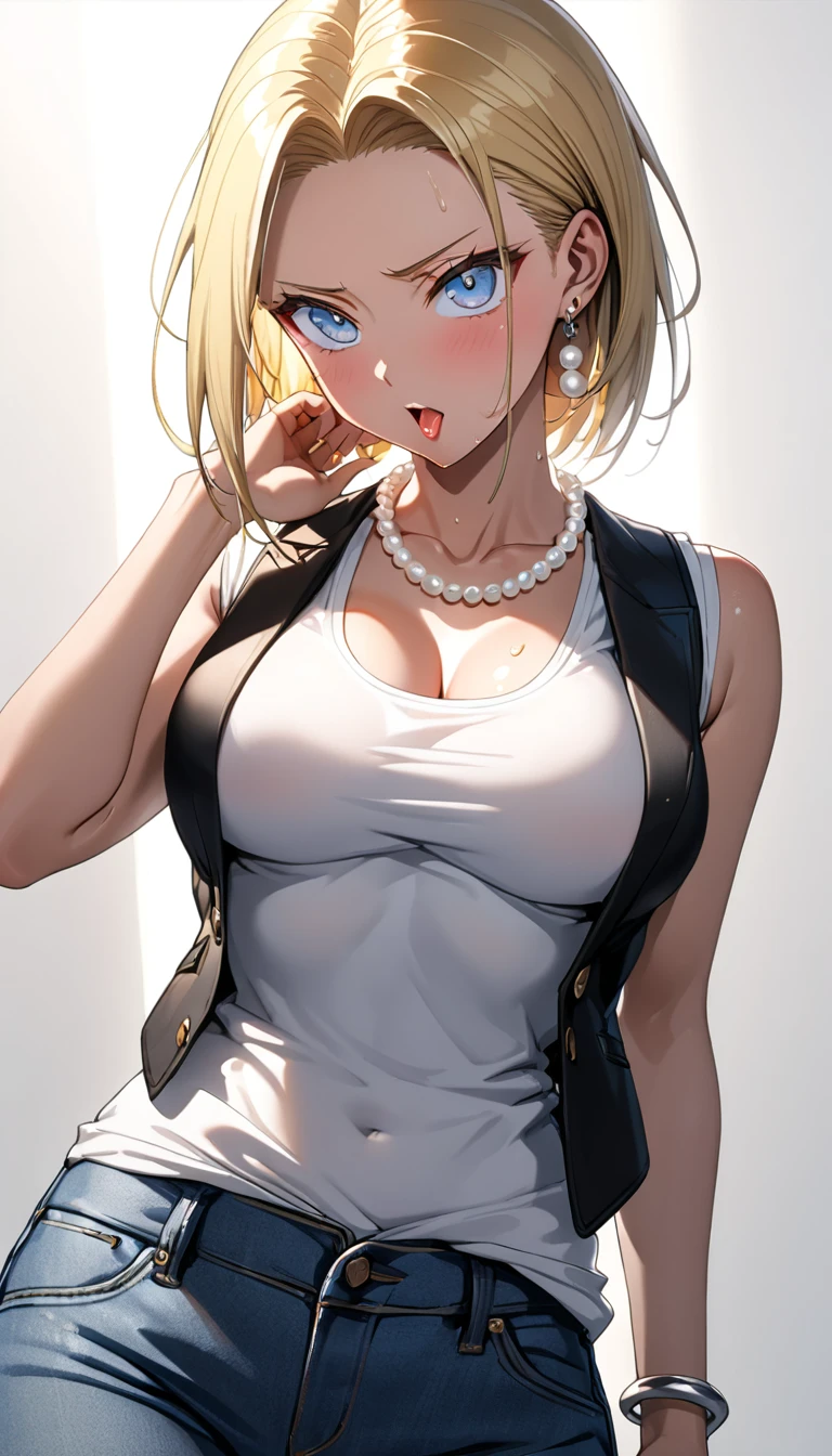 masterpiece, Best Quality, High resolution,16k,super detailed skin, (android 18),1990s \(style\),(E-cup beautiful breasts), (tall:1.2),height: 170cm,Fashion model body type,Sweating all over the body,{{muscular}}、1 girl,solo、(nsfw), blonde, blue eyes, (black vest,White T-shirt,jeans,:1.5),Pearl necklace, bracelet,{{ Short slicked back hair}},Earrings,(Cool face)、(Pointed Eyes),Big eyes,blush,cleavage,Anime-style painting style,,A composition that shows the whole body,Captivating look,BREAK(white simple background:1.5),cinematic lighting,superfine,dynamic angle,(sexy,ahegao,vulgarity:1.5)