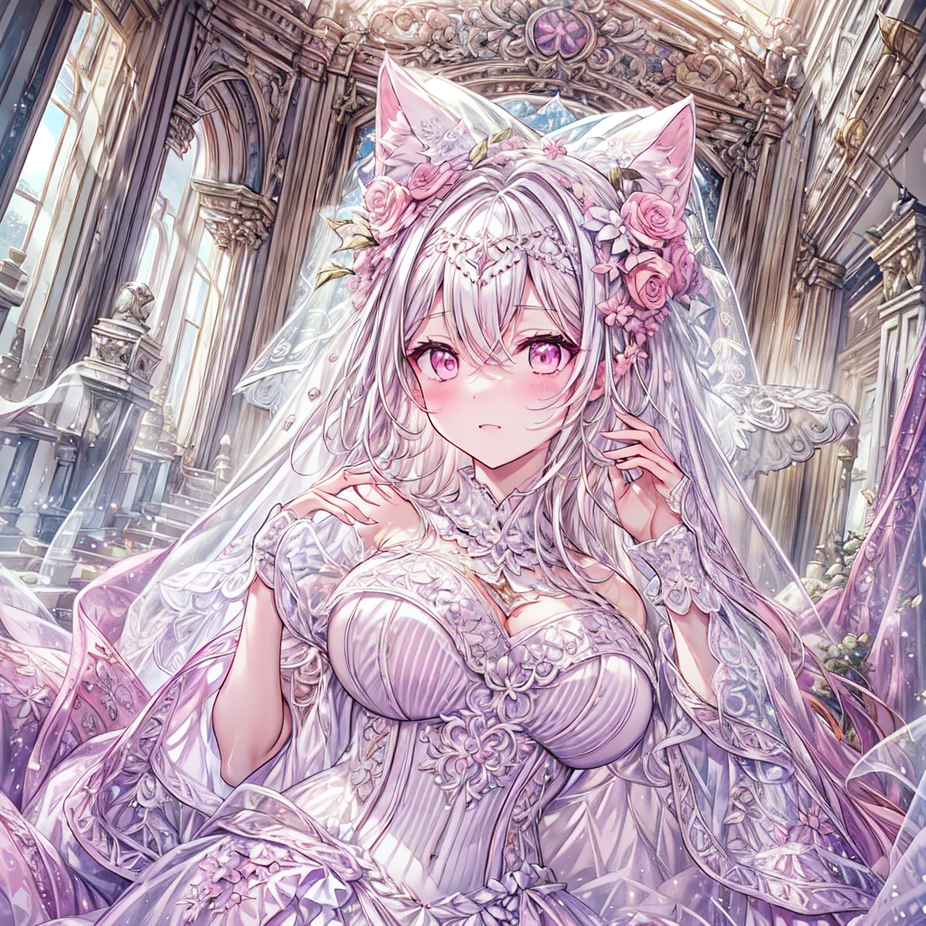 full dress shot, shot from above, (frontal-shot:1.5), full-body illustration, (((full body, depicts whole body, full body portrait, whole body))), portrait, 1girl, solo, beautiful gorgeous captivating cute adorable princess, (white_cat_ears:1.5), looking at viewer, cute blush, (blushing:1.5), heavy blush, (pink eyes:1.5) , (((hyper detail delicate beautiful eyes , big eyes, clear eyes, extremely detailed))), (soft thin lines:1.2, beautiful, delicate and pretty face, young face, smiling), ((large amount of straight hair, extremely voluminous very long hair, absolutely long straight hair)), (white hair:1.5), (long bridal veil:1.5), (face veil:1.5), frilly collar, skin dentation, pale skin, slim, (extremely gigantic large breasts:1.5), breasts cleavage, breasts focus, (((extremely detailed hands, delicate hands, beautiful hands, 5-fingers))), (frilly wrist cuffs:1.5), (white and pink ball gown dress:1.5), (((pure white lace and frills, dress with motif of ribbons))), (floor length gown:1.5), (white laced leather corset:1.5), masterpiece, (Full-HD:1.5), (highres:1.5), (absurdres:1.5), (high quality:1.5), (high resolution:1.5), (best image:1.5), (ultra quality:1.5), HDR, 16K, (highly detailed), fantasy scene, dreamy fantasy, fantasy palace background, (standing:1.5), (glow, god rays, radiant, ethereal, dreamy, heavenly, otherworldly, dream-like, breathtaking, captivating, divine), (depth of field), sharp focus, vibrant lighting