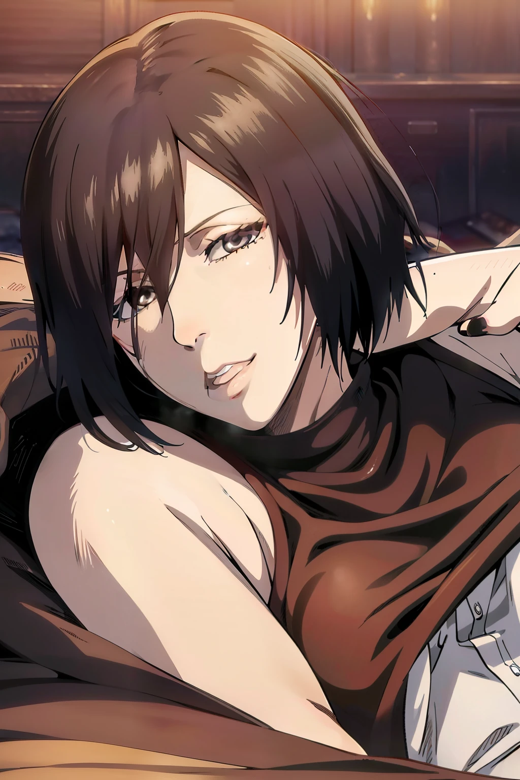 Dazzling, Armpits, intricate detailes, 1girl in, Mikasa Ackerman, (A dark-haired:1.3), hair between eye, short-haired, sideburns, s lips, shut, Yui, s lips, ​masterpiece, best qualtiy,  hason, Baezon, Black eyes,Black eyes, muscle, medium breasts, pov, spitroast, top-down bottom-up, sex, 2boys, sucking a man dick pov, sucking a man dick pov, sucking a man dick pov