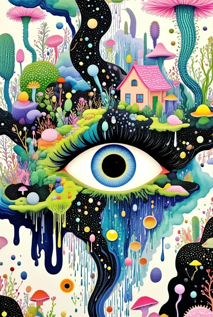  Broto Art Style  ， Strong Visual Fusion of Multiple Elements，来自Star的艺术家， colorful black ， Dopamine Color Scheme ，house、Eye、pearl珠帘、pearl、Star、cloud、fish、Spore Powder 、{{ocean}}、rain、Tentacles， depicts the inner world of autistic people，密集Pointillism。 Smooth Lines 。interesting，Strange illustration。Pointillism。 Strong Contrast 。Award-winning works。