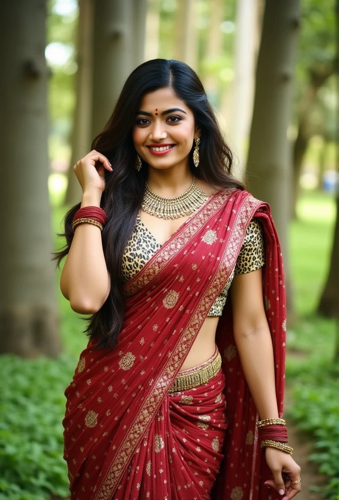 **Prompt:**  
This photograph features a woman posing outdoors in a lush, green forest setting. She is a South Asian woman with a medium-dark skin tone, likely of Indian descent, given her attire and accessories. She has long, wavy hair cascading down her shoulders, styled with a side parting. Her makeup is bold, with heavy eyeliner and a striking red lipstick, complemented by a bindi on her forehead, typical of traditional Indian attire.

She is dressed in a traditional **Bihari saree**, known for its rich colors and intricate weaving patterns. The saree is a deep crimson red with beautiful gold and silver motifs intricately woven throughout, showcasing the craftsmanship of Bihari weavers. It is draped elegantly around her curvy figure, emphasizing her wide hips and big breasts, with the pallu cascading gracefully over her shoulder and revealing its exquisite design. The luxurious fabric flows around her, enhancing her silhouette and adding to her feminine charm. She pairs the saree with a fitted zebra-pattern blouse that adds a contemporary touch, accentuating her voluptuous form. Her accessories include a stunning gold necklace, traditional jhumka earrings, multiple bangles on her wrists, and an ornate waist chain, all contributing to her elegant appearance.

Her pose is confident and inviting, with one hand resting on her hip to highlight her wide hips, while the other hand playfully brushes back her hair, emphasizing her curvy figure and drawing attention to her graceful movements. The background features lush green foliage, with tree trunks and leaves creating a serene, natural environment. The natural daylight casts soft shadows, beautifully highlighting her features and the vibrant colors of her attire.

**Tags:**  
1girl, South Asian woman, outdoors, forest setting, lush green background, medium-dark skin, traditional Indian attire, Bihari saree style, deep crimson red saree with gold and silver motifs, elegant drape, wide hips, big breasts, curvy figure, f