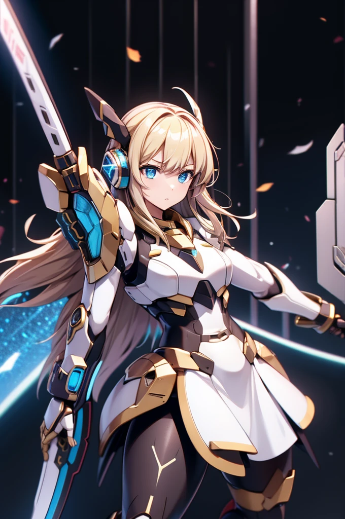 mecha wing、Thighs、tights、chest、shiny blond hair、 1 girl、 solo girl 、income、 headphones、idol dress、 sword、 has a shield、mecha girl、 white and light blue mile