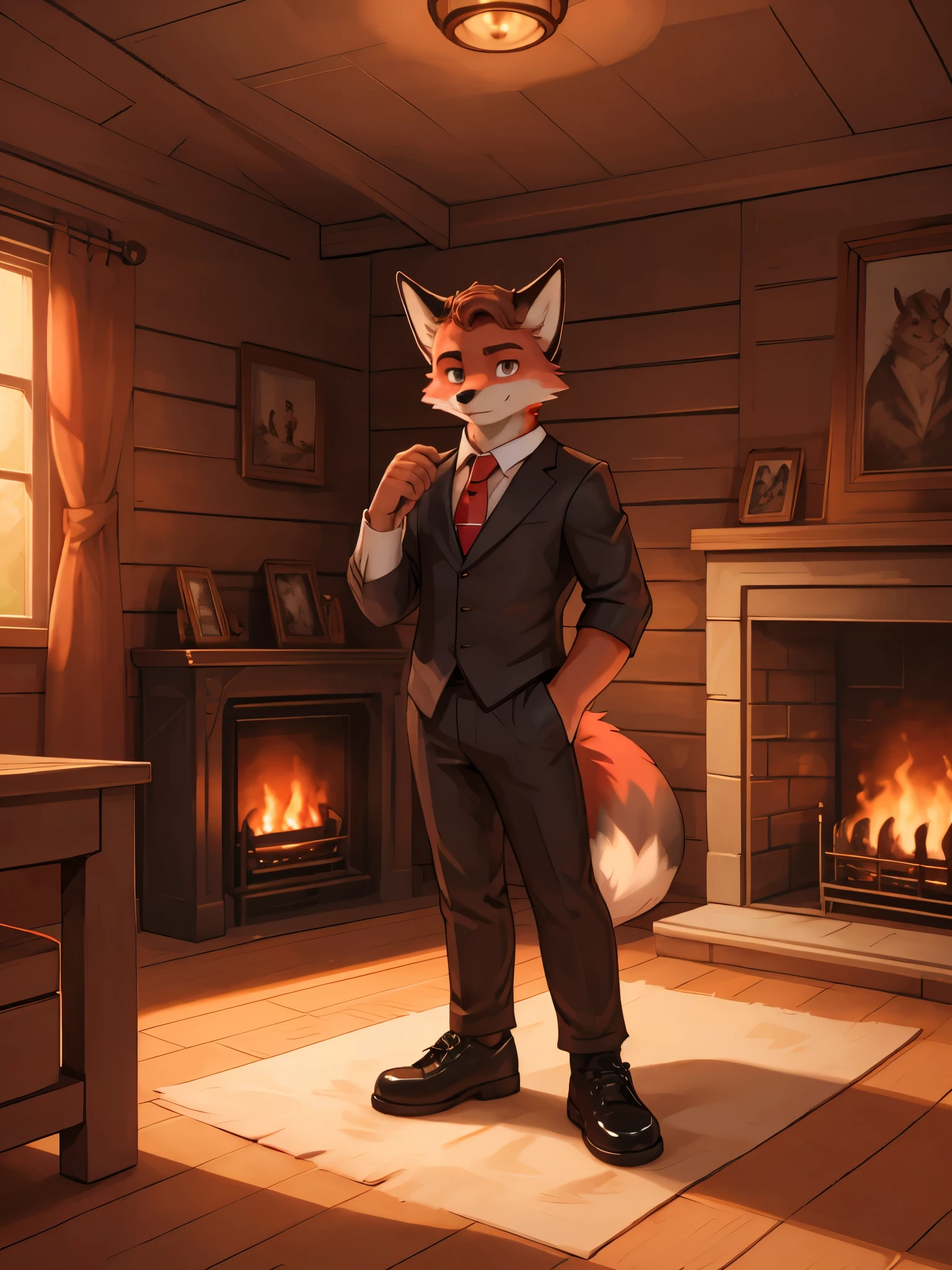 A young fox, spongy ass, with a serious expression, relaxed, with black suit, White shirt, Red tie, black elegant shoes, Light brown eyes, looking to the camera, in a wooden room with a fireplace