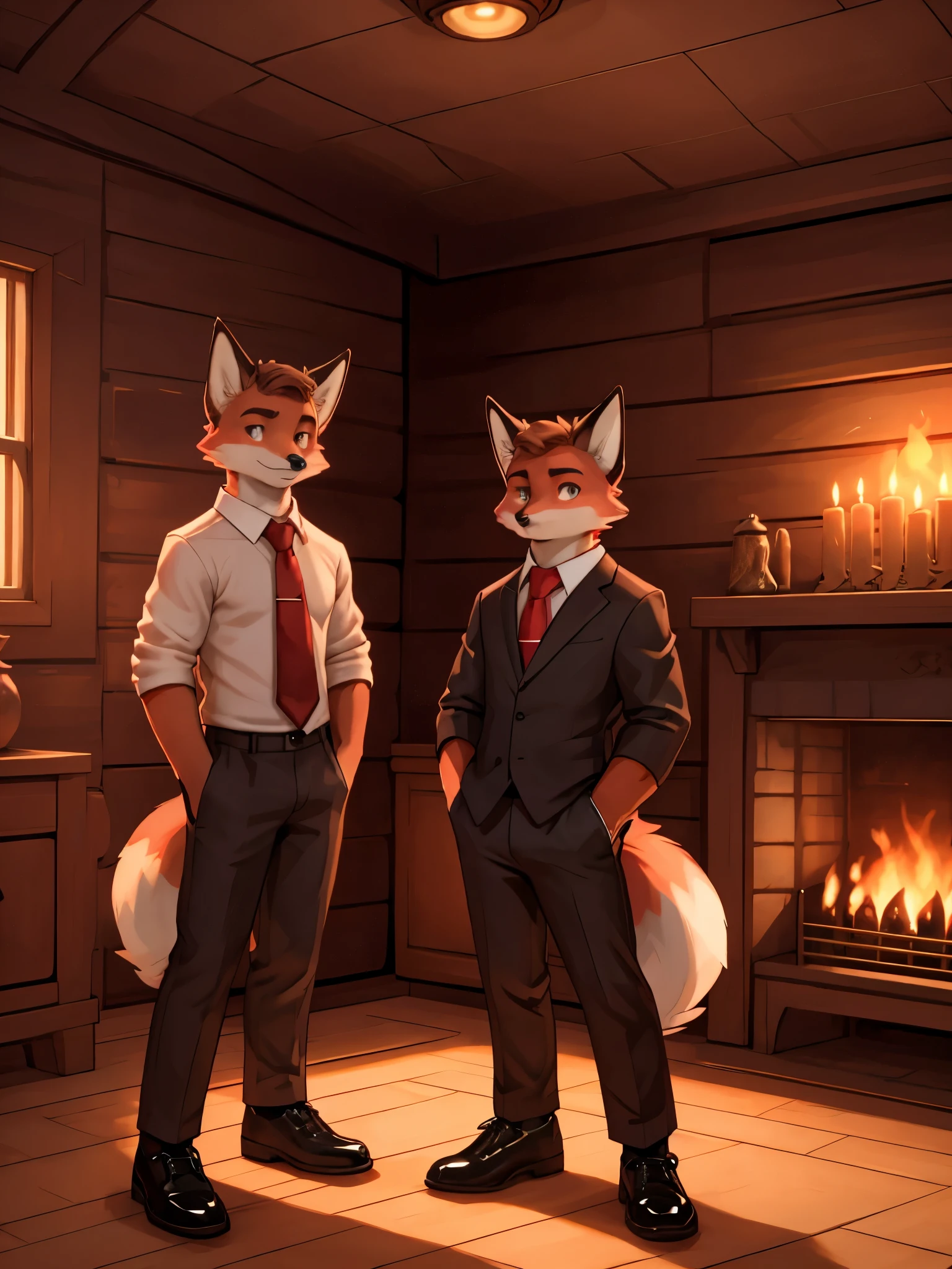 A young fox, spongy ass, with a serious expression, relaxed, with black suit, White shirt, Red tie, black elegant shoes, Light brown eyes, looking to the camera, in a wooden room with a fireplace