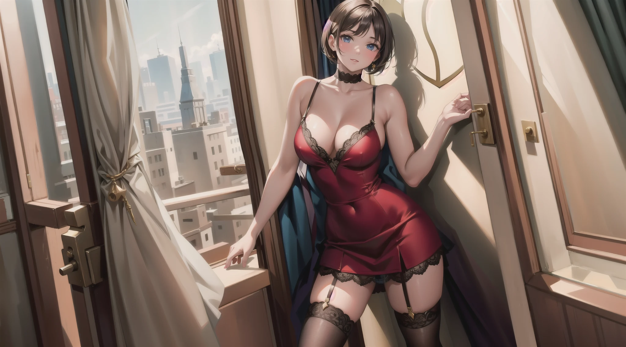 ((Raw photography,top-quality,hight resolution,Ray tracing,nffsw,Best Quality,Post-processing,portlate.。.3D,pureerosface_v1:0.7,),(( Shiny dark red leather bondage outfit,,Dark red BDSM,Bold figure,tight skirts,)))((((Short Hair Hair,Emphasize cleavage,Colossal tits:4.0,Thin leg,blue eyess,Detailed depiction of limbs,a small nose,Have a perfect body,Sleeveless,Full-body figure,high-heels,)))),((tthin eyebrows,long eyelashes,smil,二重まぶた,Vibrant eyes,Looking down on viewers,red lipsticks,)),Create beautiful light effects on the background,Light Particle Filter,(finerly detailed face:1.3),Sitting on a hotel sofa with legs crossed,low angles,