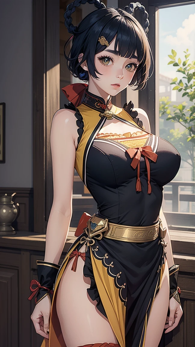 Masterpiece, ultra detail, high quality, 8k cg, (huge breasts),half transparent xianglingdef, long hair, blush, bright eyes, standing, indoors, slim body, narrow waist, upper body