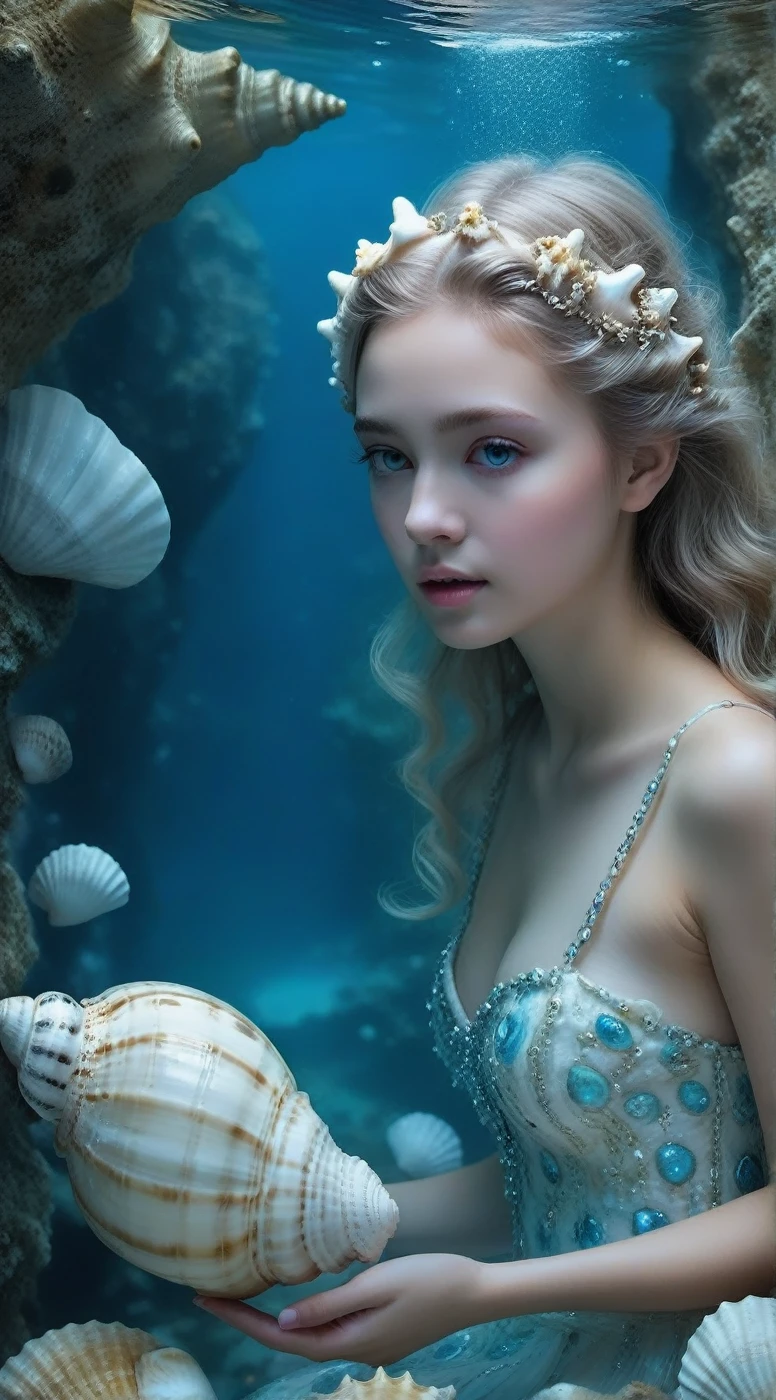 rk-shells Delving into marine mysteries, an ethereal world takes shape, featuring a mysterious girl with eyes reminiscent of gleaming aquamarine wandering through a dreamscape adorned with cascading seashells.