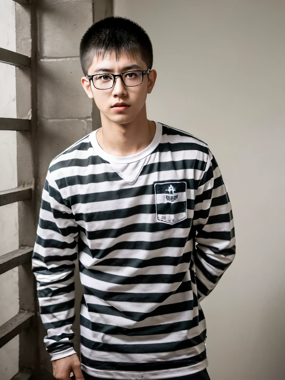 (highest quality:1.2, masterpiece:1.2), 8K, Professional Lighting, Cinematic Lighting, (1 Japanese boy), (16aged boy, he is high school student), (black hair, buzz cut, wearing glasses:1.1), ((no background, white back ground)), (detailed eyes, perfect eyes, fine eyes, clear eyes), (ultra realistic iron bars, ultra detailed iron bars, ultra realistic interior of narrow & abandoned prison cell, ultra detailed interior of prison cell, dark atmosphere), (just standing), cowboy shot, ((ultra realistic prisoner’s uniform, ultra detailed prisoner’s outfits, long sleeve, black & white stripe clothes)),