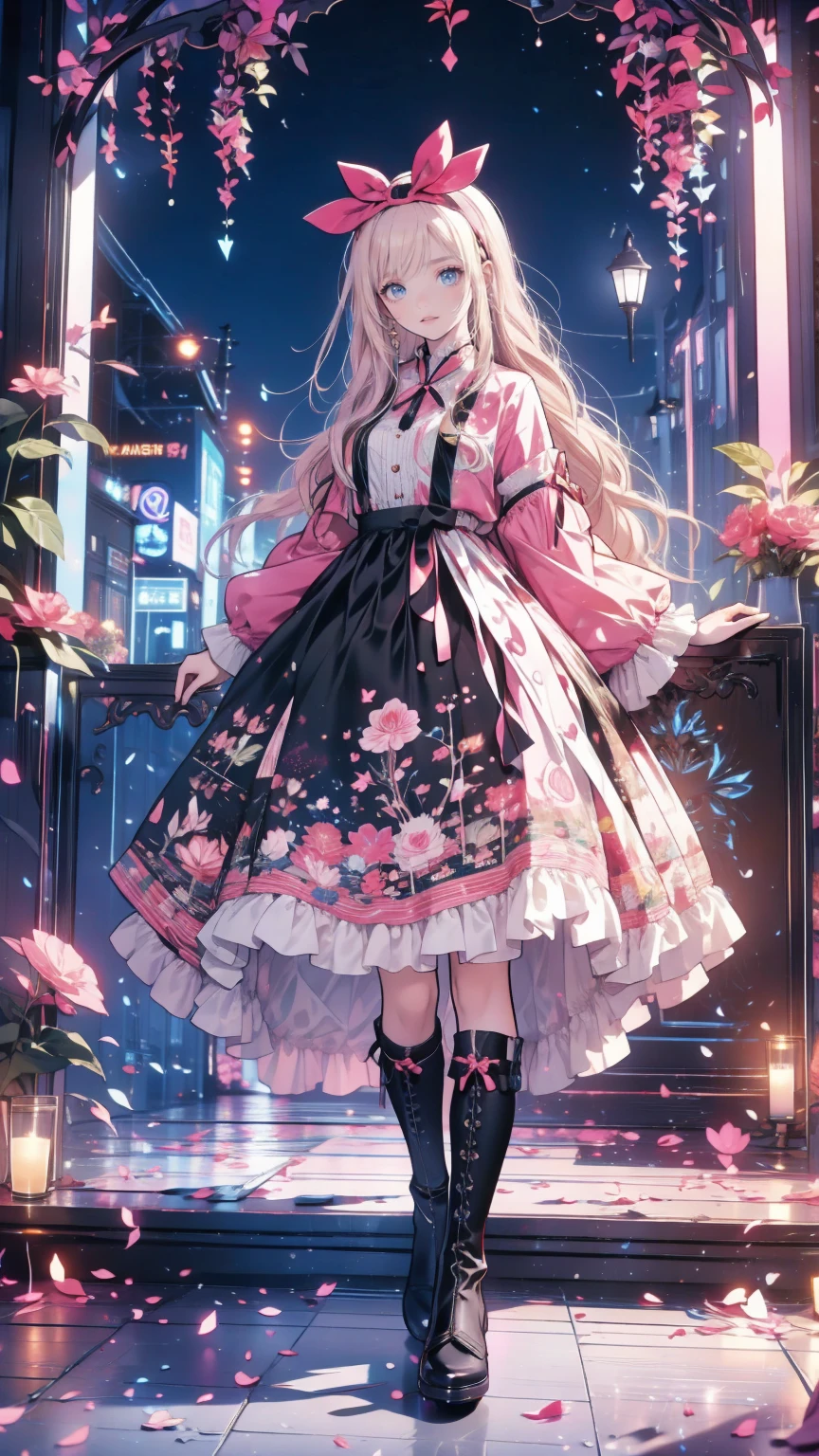   anime style 、story、、 Beautiful Girls、とてもcute天使、  pink gothic dress 、cute、baby face、smile、  long skirt  、   black boots 、Very cute headband
