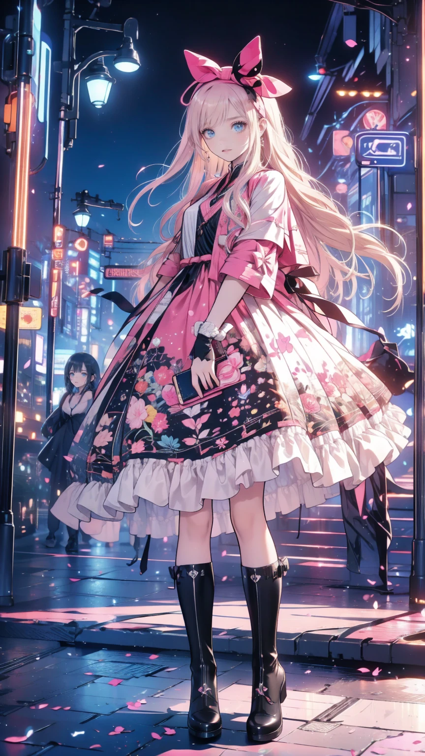   anime style 、story、、 Beautiful Girls、とてもcute天使、  pink gothic dress 、cute、baby face、smile、  long skirt  、   black boots 、Very cute headband
