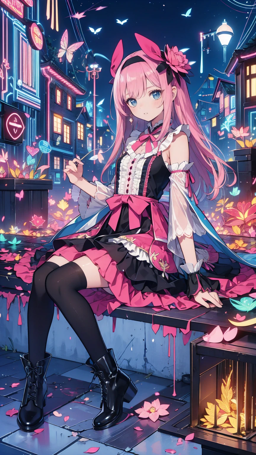   anime style 、story、、 Beautiful Girls、とてもcute天使、  pink gothic dress 、cute、baby face、smile、  long skirt  、   black boots 、Very cute headband
